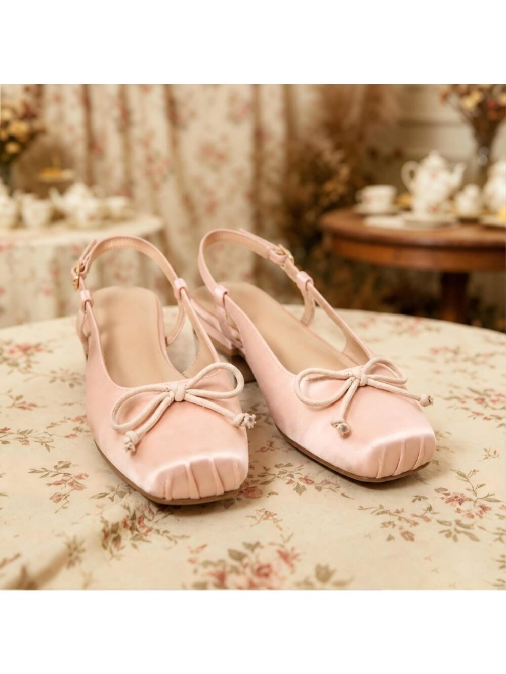Women's Nude Satin Slingbacks Ballet Flats Square Toe Bow Ankle Buckles Shoes - Picture 3 of 6